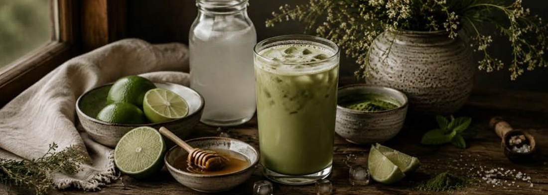 Table with all recipe ingredients for creating a hydrating matcha limeaid