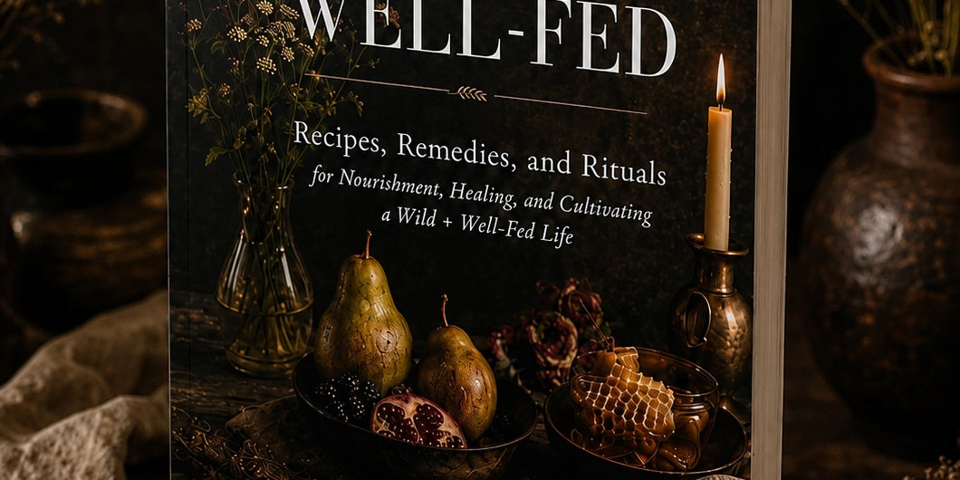 A softcover book titled 'Becoming Wild + Well-Fed' by Laura Lyons, standing upright on a rustic wooden surface with dried flowers and candles in the background.