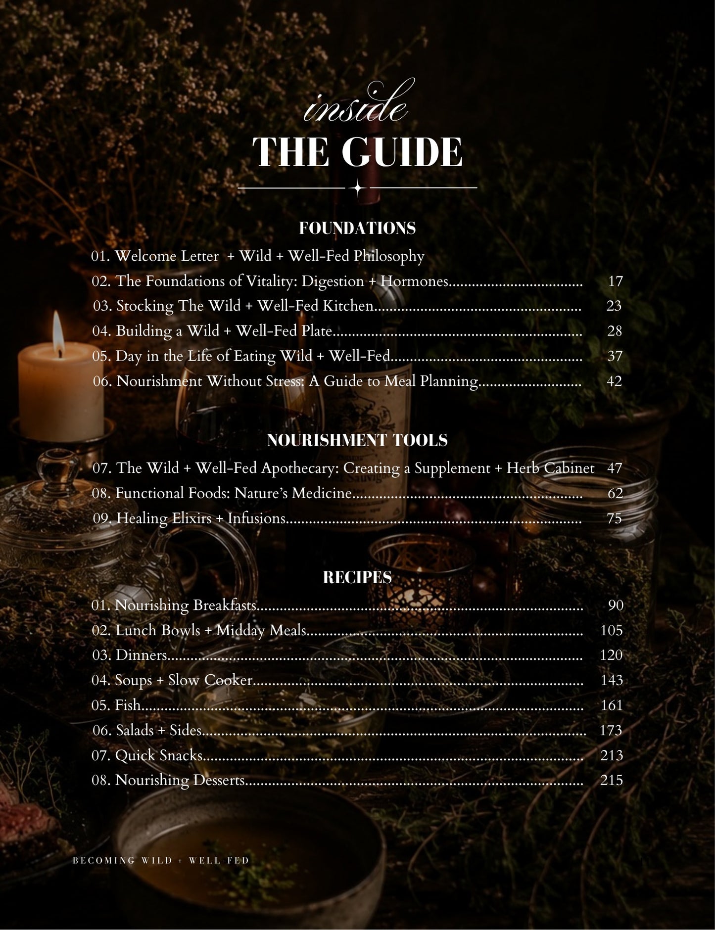A printed guide page titled "inside THE GUIDE" with a table of contents for foundations, nourishment tools, and recipes, overlaid on a dark rustic background with a candle, metal canister, and herbs.