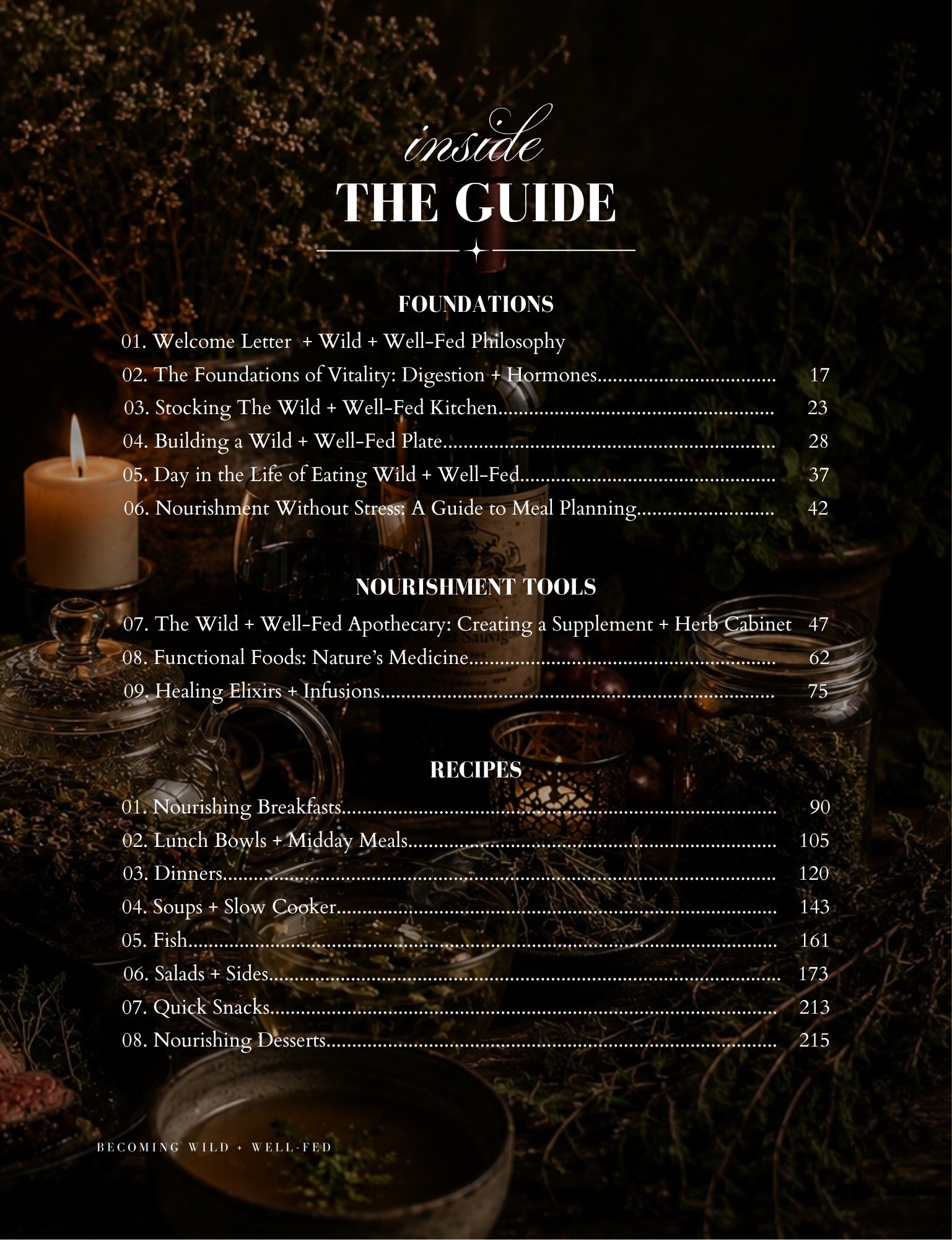 A printed guide page titled "inside THE GUIDE" with a table of contents for foundations, nourishment tools, and recipes, overlaid on a dark rustic background with a candle, metal canister, and herbs.