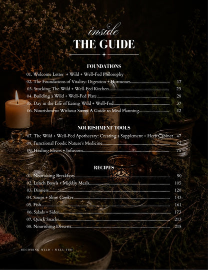 A printed guide page titled "inside THE GUIDE" with a table of contents for foundations, nourishment tools, and recipes, overlaid on a dark rustic background with a candle, metal canister, and herbs.