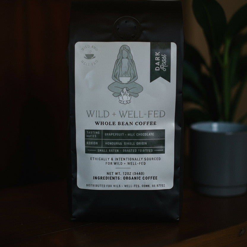 Coffee bag with a label on a wooden surface