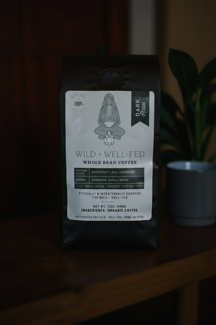 Coffee bag with a label on a wooden surface