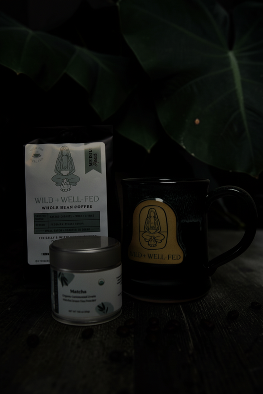 Coffee packaging and mug with 'Wild & Well Fed' branding on a dark surface with leaves in the background.