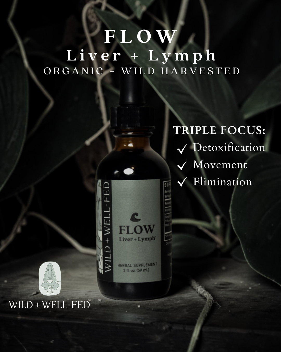 Bottle of 'Flow Liver + Lymph' organic product with text on a dark background