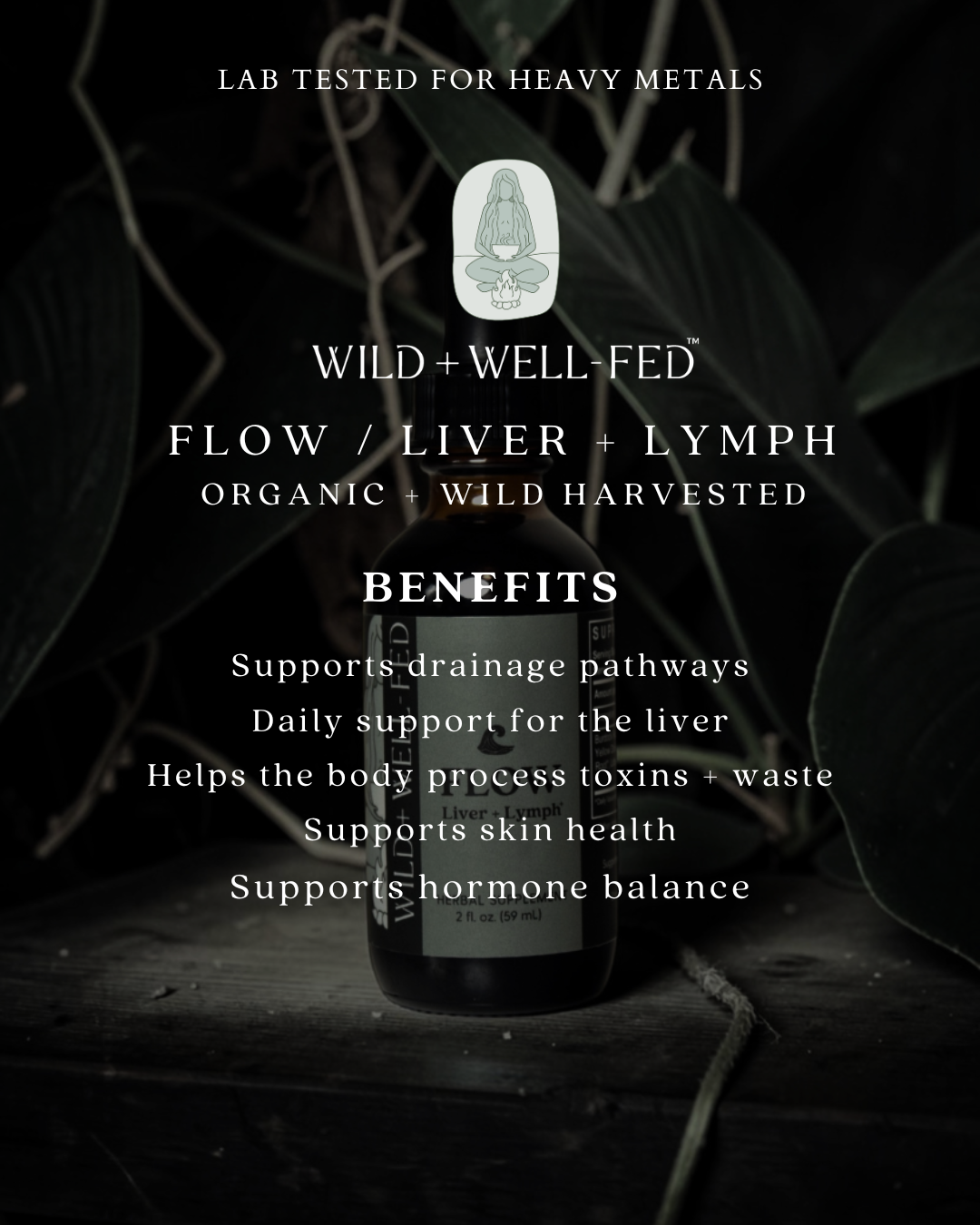Product packaging with text about lab-tested heavy metals, wild and well-fed benefits, and organic wild harvested origins.