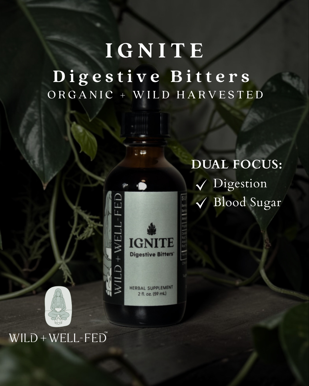 Bottle of IGNITE Digestive Bitters with leafy background
