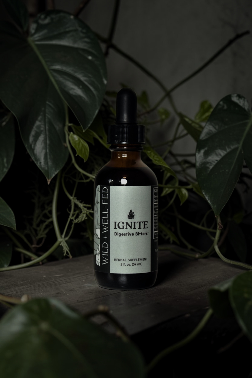 Bottle of 'Ignite' digestive bitters on a wooden surface with green leaves in the background