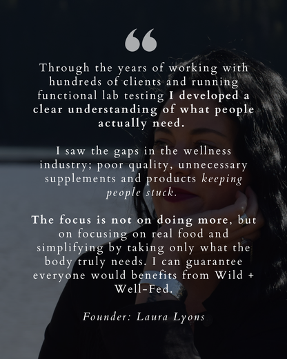 Person holding a phone with a dark background and text overlay about lab testing and wellness industry.