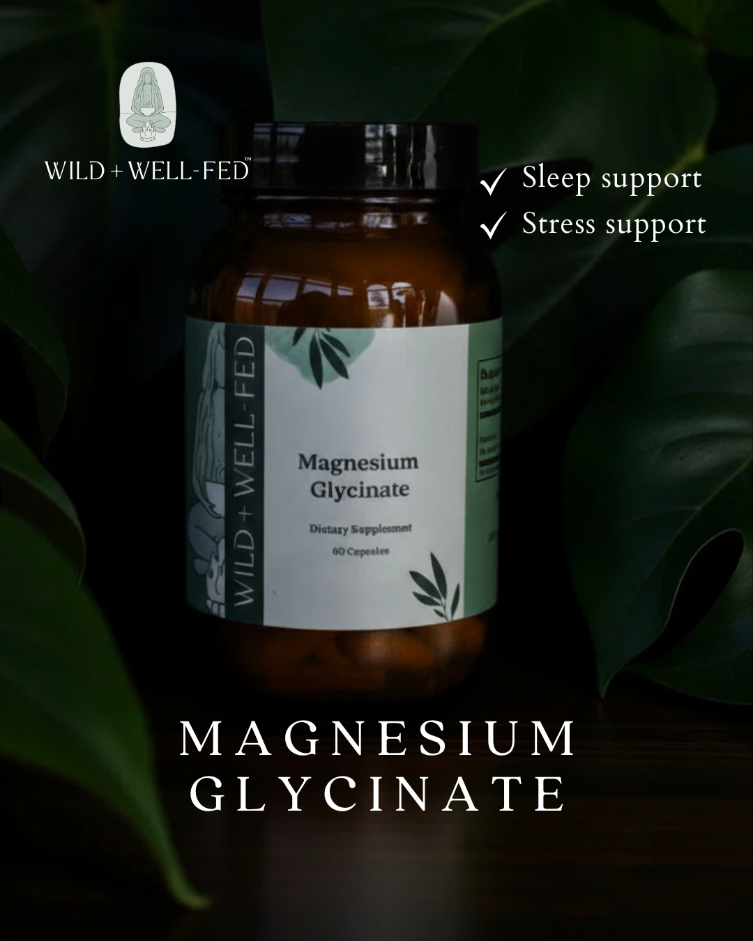 Supplement bottle labeled 'Magnesium Glycinate' with supporting text on a dark background