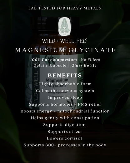 Product packaging of Wild + Well Fed Magnesium Glycinate with text highlighting benefits and features.