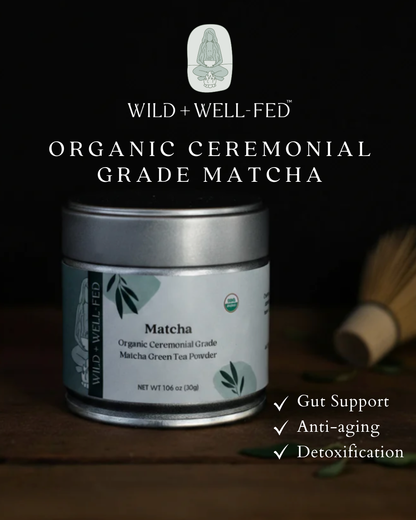 Container of Wild + Well Fed Organic Ceremonial Grade Matcha with branding and product details on a dark background.