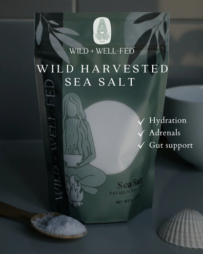 Bag of Wild + Well-Fed wild harvested sea salt with a spoonful of salt and shell in the foreground.