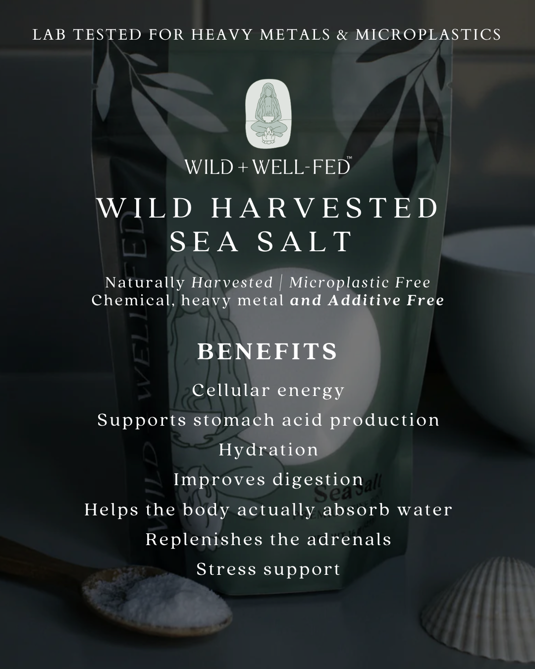Bag of Wild + Well-Fed Wild Harvested Sea Salt with benefits listed on a dark background