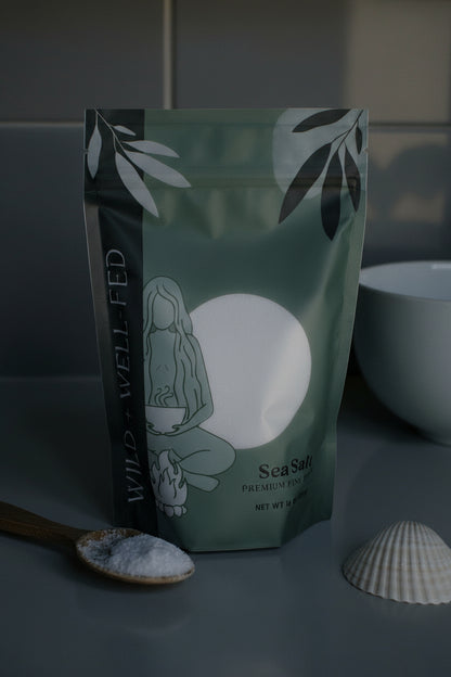 Green package of Wild Yewled Sea Salt with a spoonful of salt and a shell on a neutral background