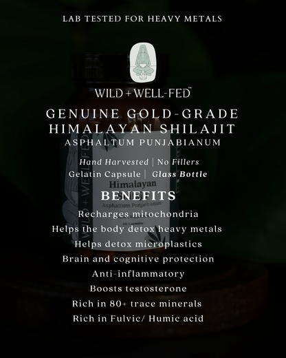 Himalayan Shilajit product packaging with text on a dark background