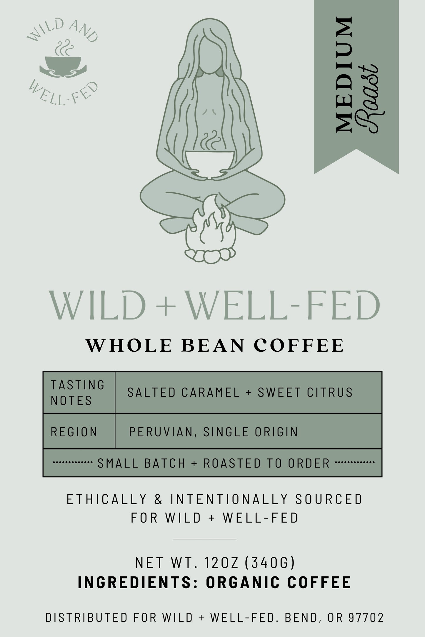 Coffee label for Wild + Well-Fed whole bean coffee with a person holding a cup design.