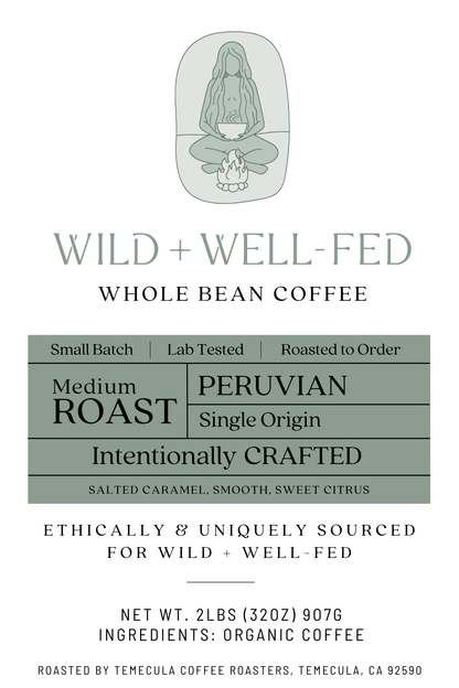 Close up image of label for Whole Bean Coffee from Peru