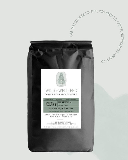 Image of a bag of Coffee, with the description "Lab Tested, Roasted to Order, Nutritionist Approved"